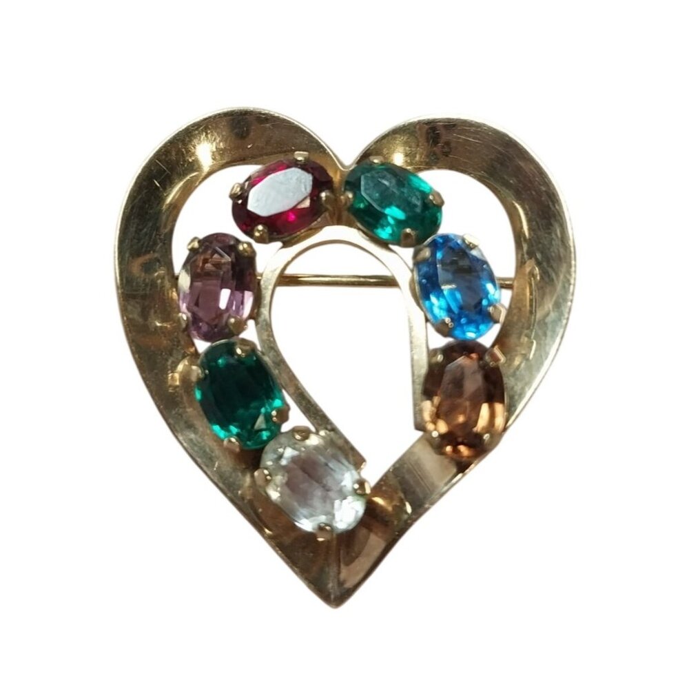 Vintage Van Dell Gold-Tone Heart Brooch Multicolored Rhinestones 12kt Gold Fille